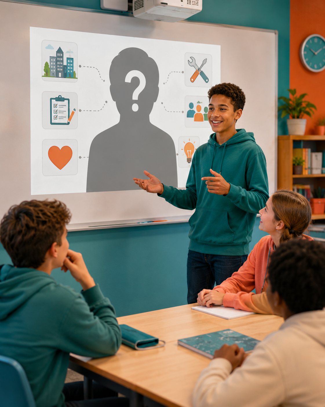 Student giving clues and classmates guessing a job