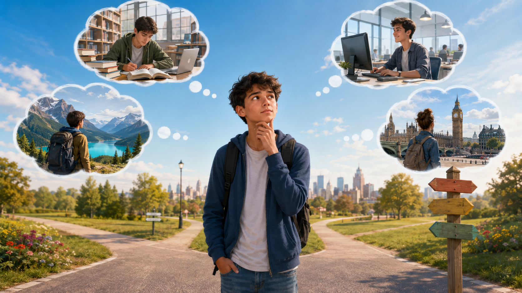 A teenager imagining different futures