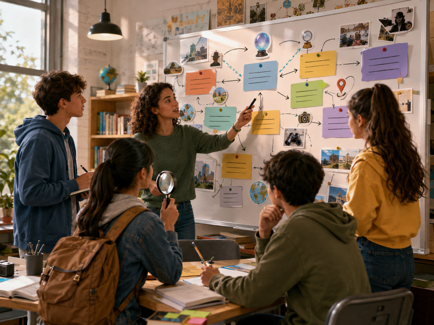 Students analysing ideas on a board