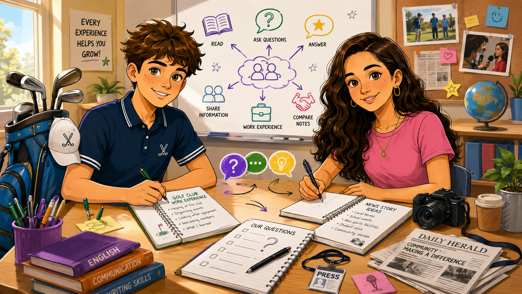 Harry and Layla sharing work experience information