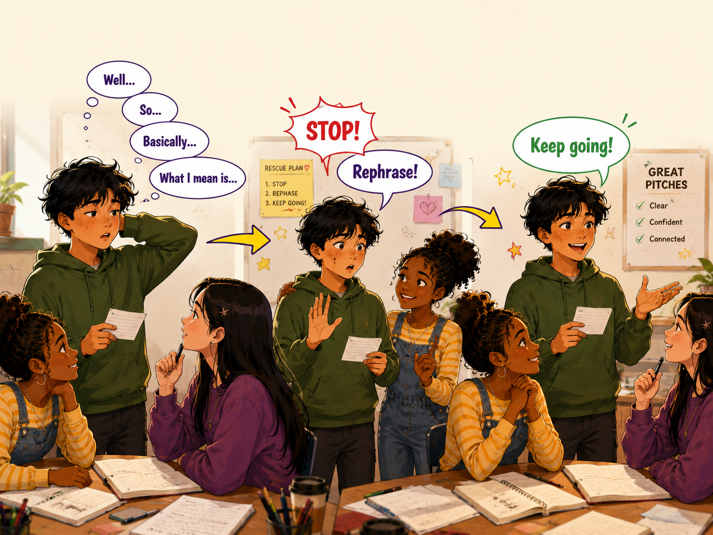 Illustration stop, reformule, continue